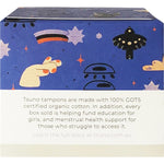 Back of Tsuno Super Organic Cotton Tampons 16 pack box with product benefits, ingredients, and charity information.