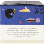 Side view of a Tsuno Super Organic Cotton Tampons 16 pack box showing product features and 100% organic cotton logo.