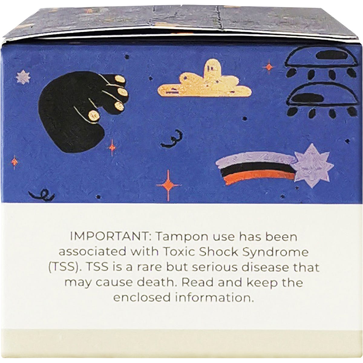 Side view of a Tsuno Super Organic Cotton Tampons 16 pack box showing product features and 100% organic cotton logo.