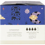 Right side of a Tsuno Super Organic Cotton Tampons 16 pack box showing 100% organic cotton and GOTS certification logos.