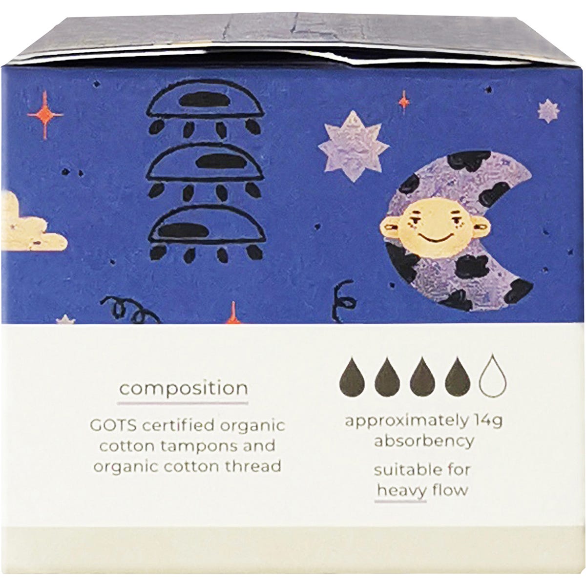 Right side of a Tsuno Super Organic Cotton Tampons 16 pack box showing 100% organic cotton and GOTS certification logos.