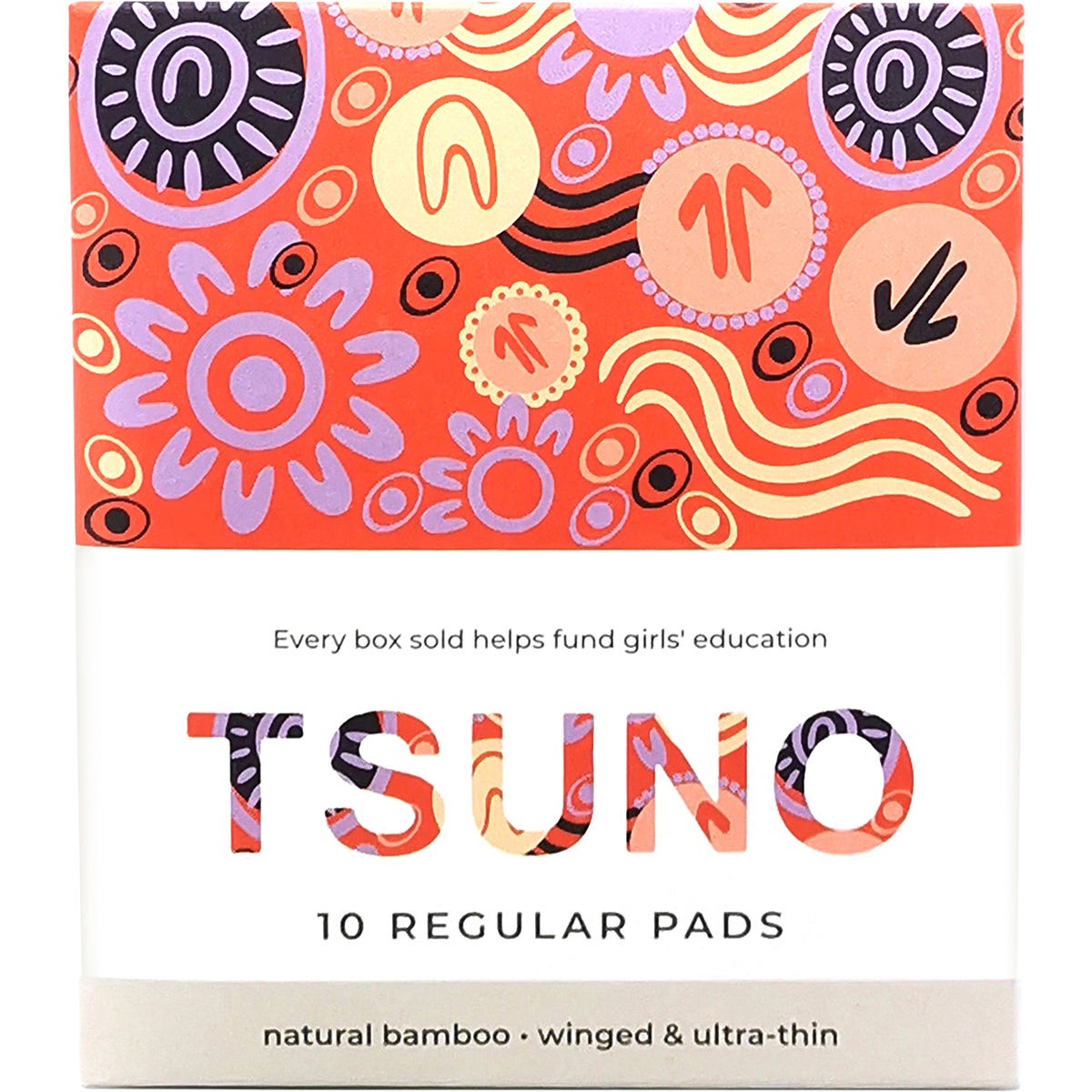 Box of 10 Tsuno regular winged ultra-thin bamboo pads featuring colorful geometric patterns.