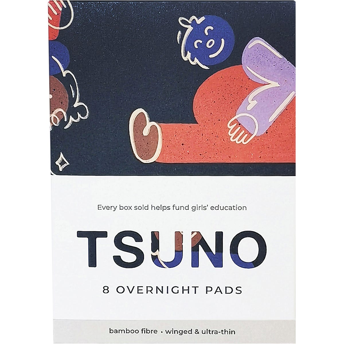 8-pack of Tsuno ultra-thin overnight bamboo pads in a colorful box with illustrative botanical designs.