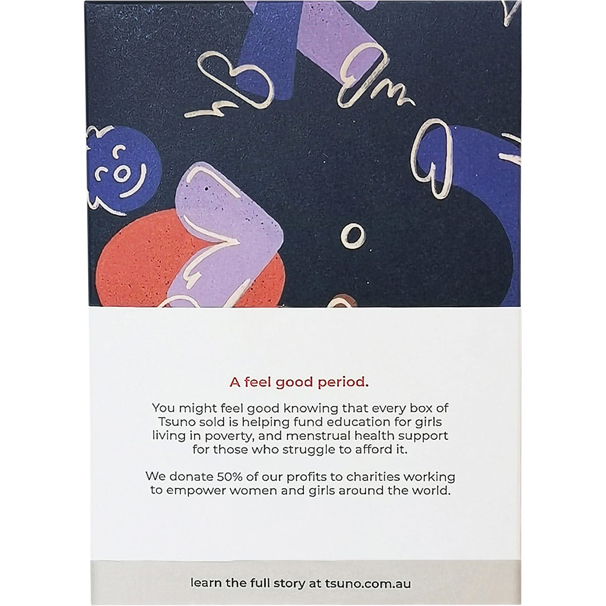 Back of a Tsuno Overnight Bamboo Pads box with product details, charity information, and environmental benefits.