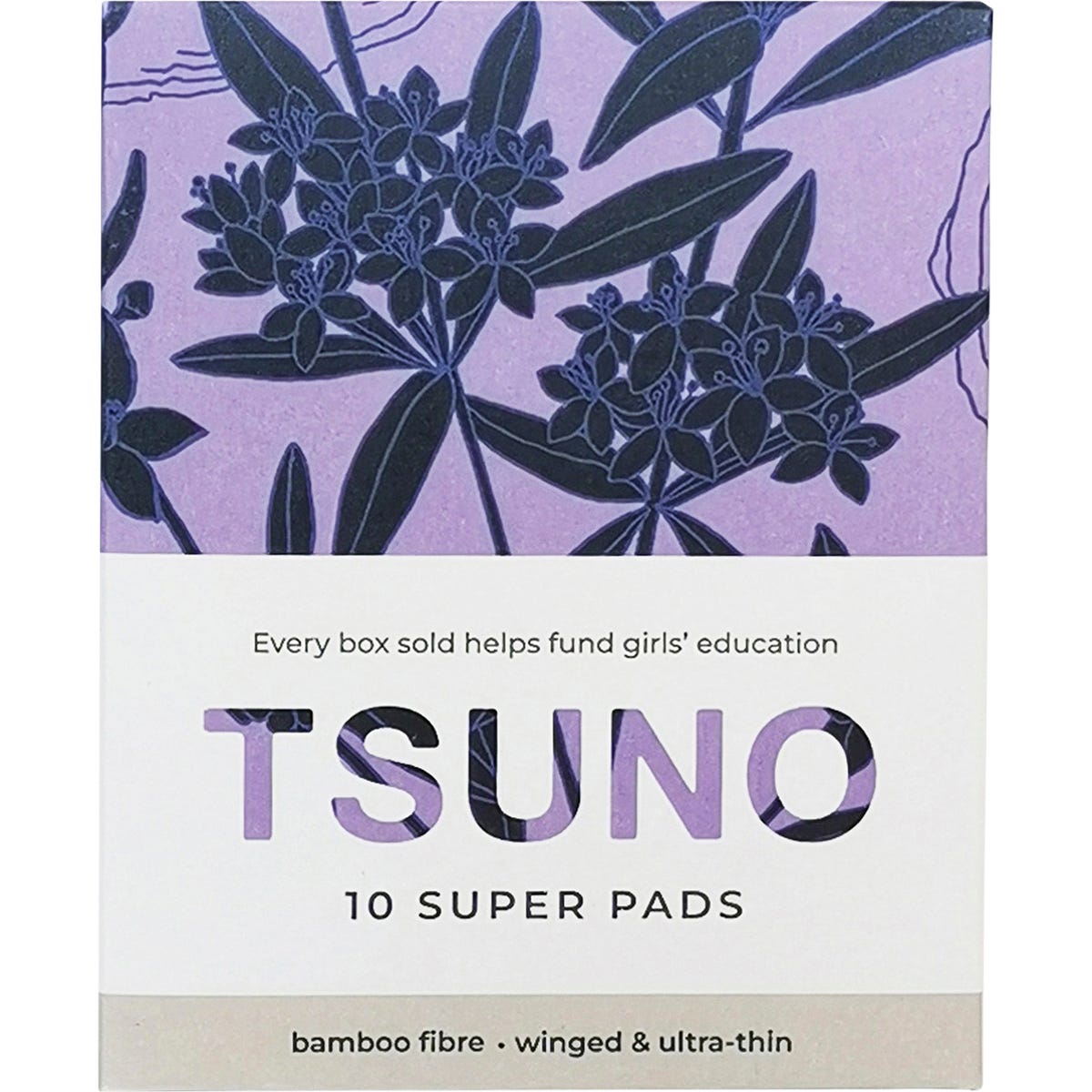 Tsuno Natural Bamboo Super Pads 10-pack box with vibrant floral artwork and "Super" text on a white background.