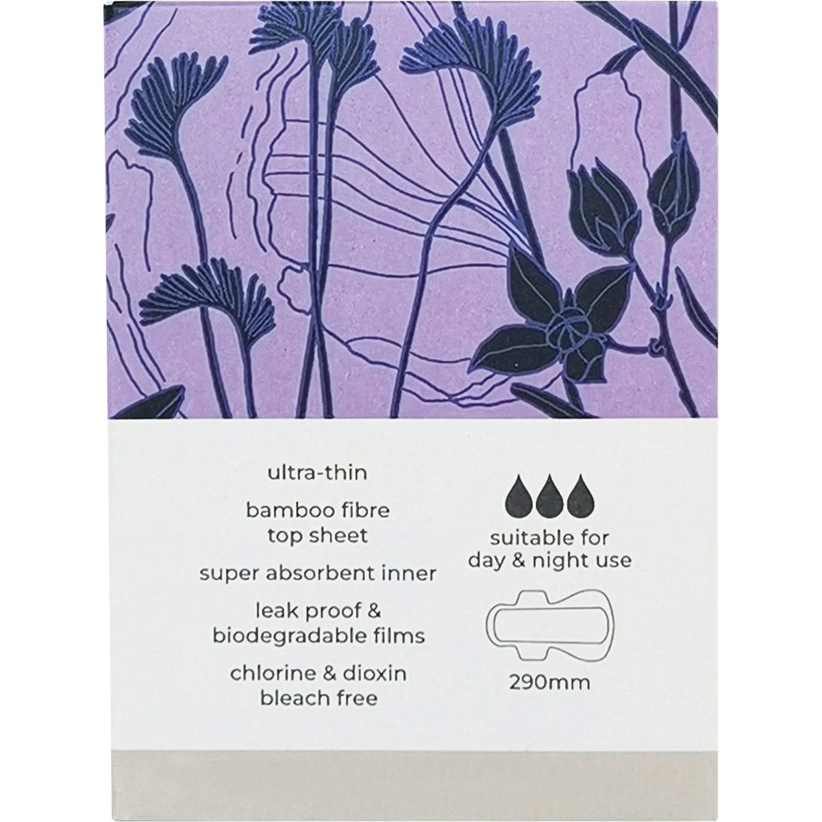 Right side of a Tsuno Natural Bamboo Super Pads box with floral patterns and organic cotton certification logos.