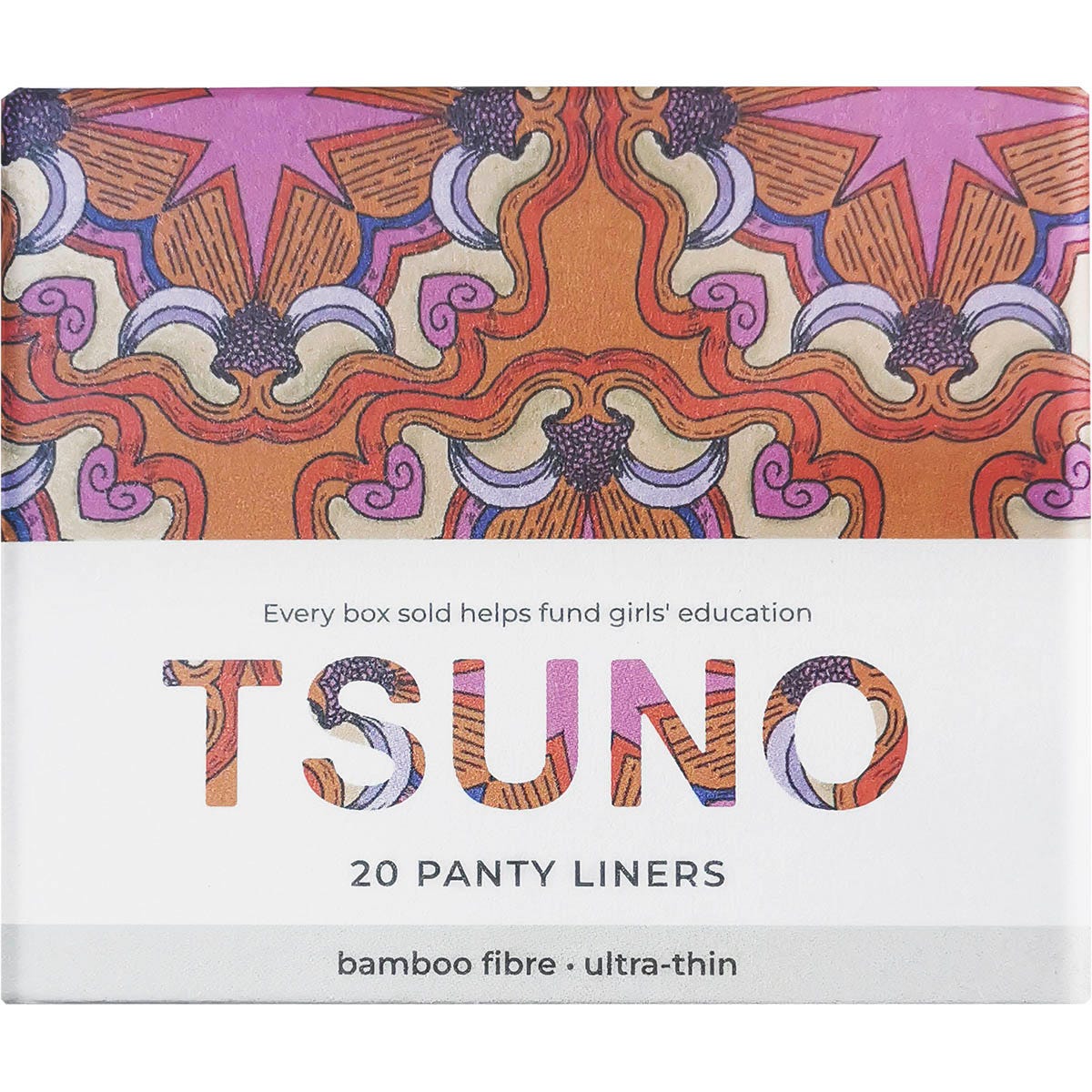 Box of 20 Tsuno natural bamboo ultra-thin panty liners featuring colorful abstract botanical artwork.