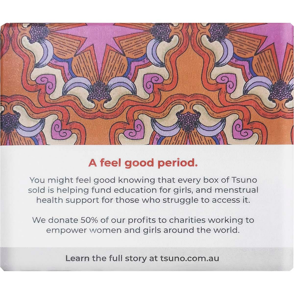 Back of 20 pack Tsuno Bamboo Panty Liners box with features, materials, and charity partnership details.