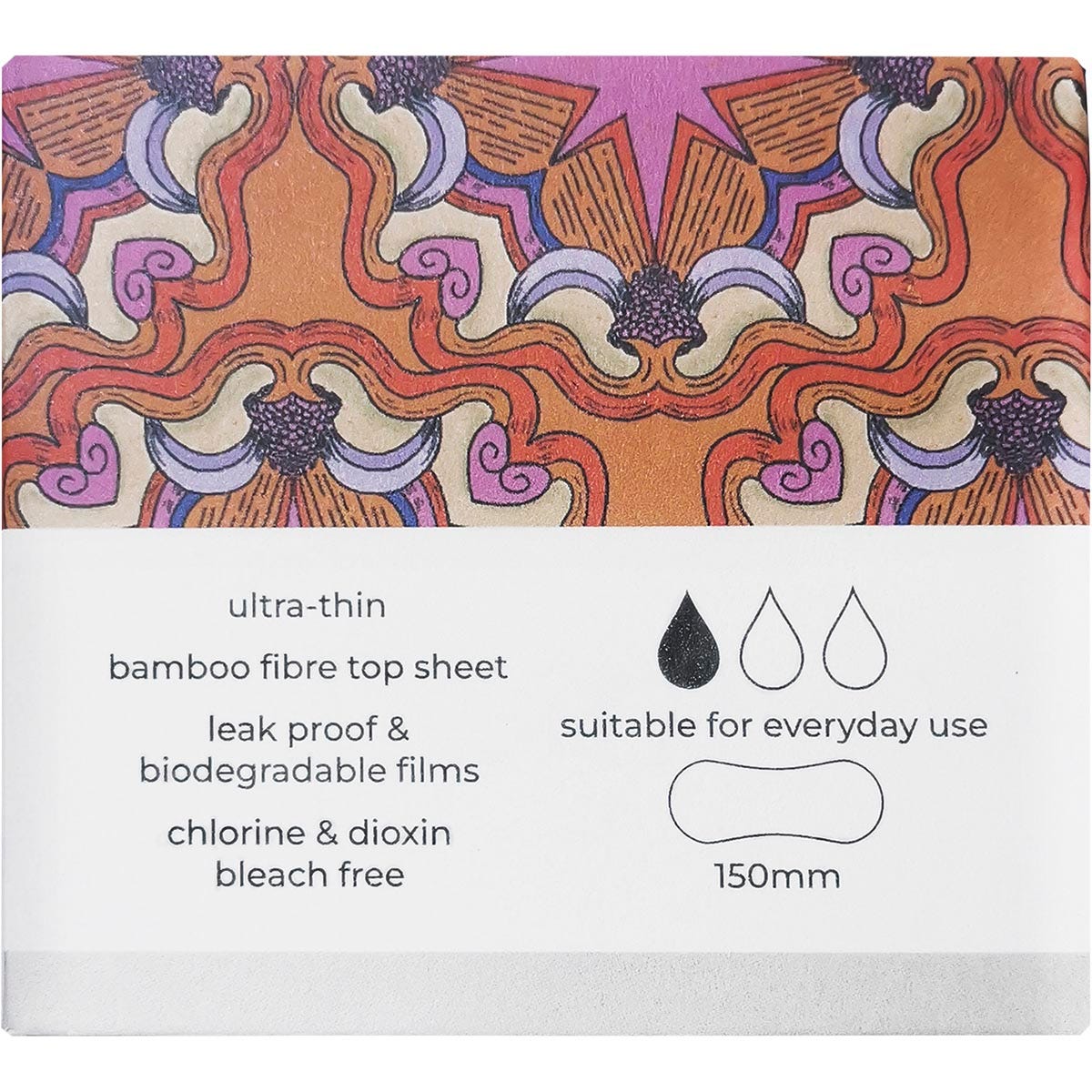 Side view of a Tsuno 20-pack bamboo panty liners box featuring colorful abstract botanical artwork.