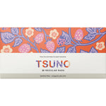 Box of 30 Tsuno natural bamboo regular winged ultra thin pads with colorful geometric patterns.