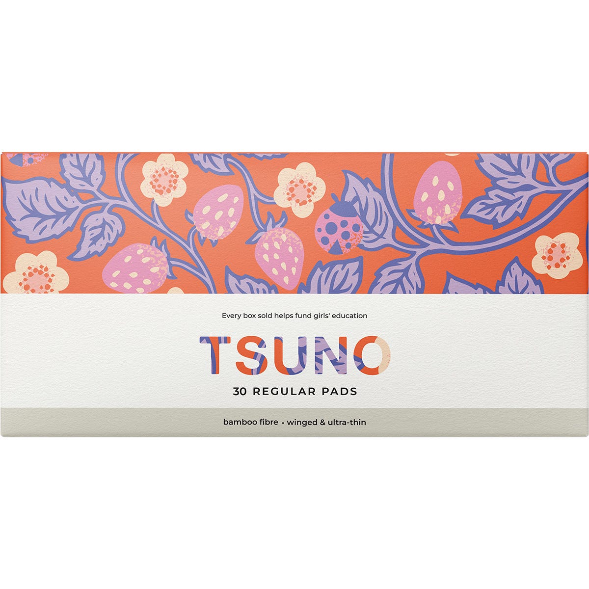 Box of 30 Tsuno natural bamboo regular winged ultra thin pads with colorful geometric patterns.