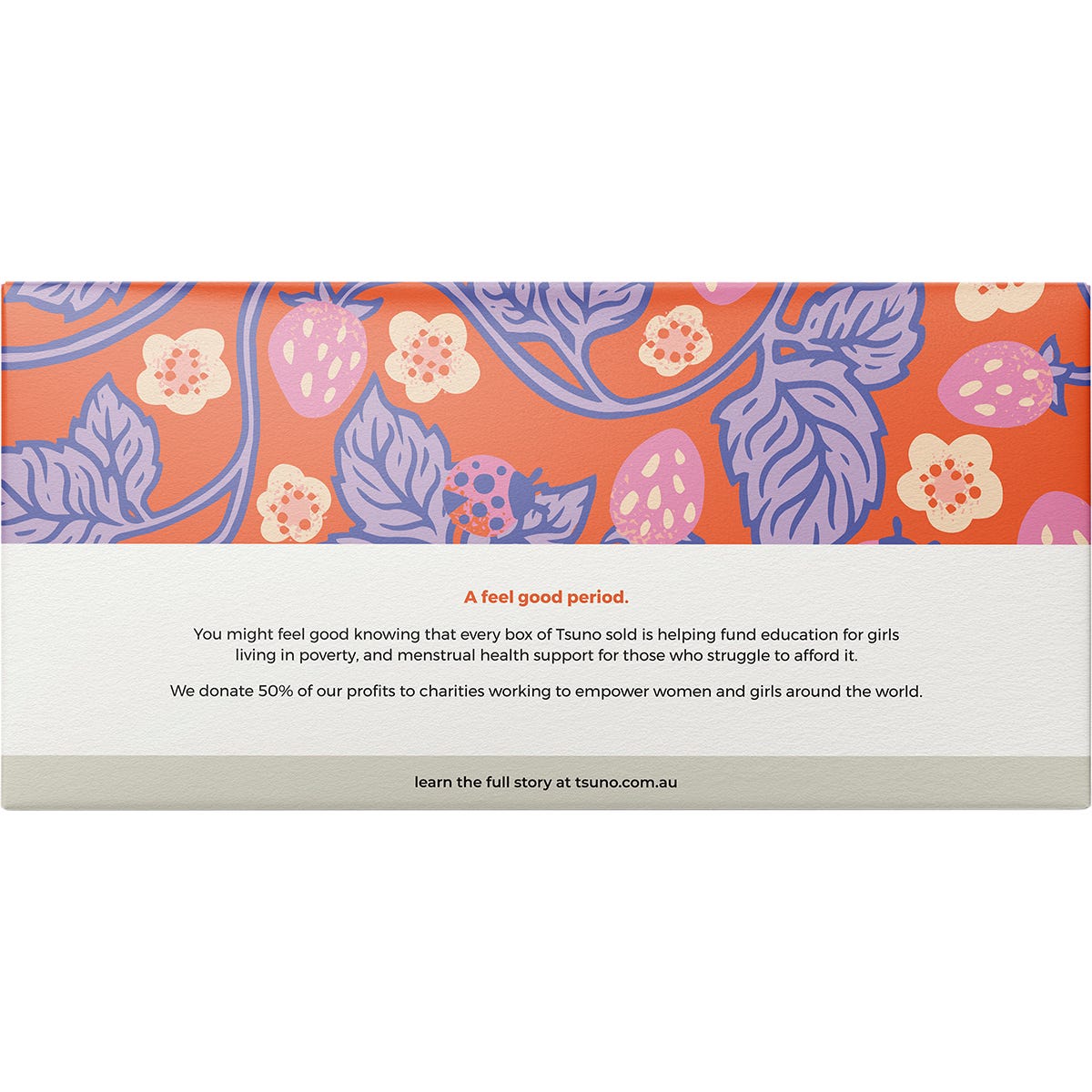 Back of 30 pack Tsuno Natural Bamboo Pads box featuring product benefits and mission information.