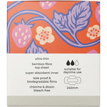 Right side of a Tsuno Natural Bamboo Pads 30-pack box showing product certifications and eco-friendly features.