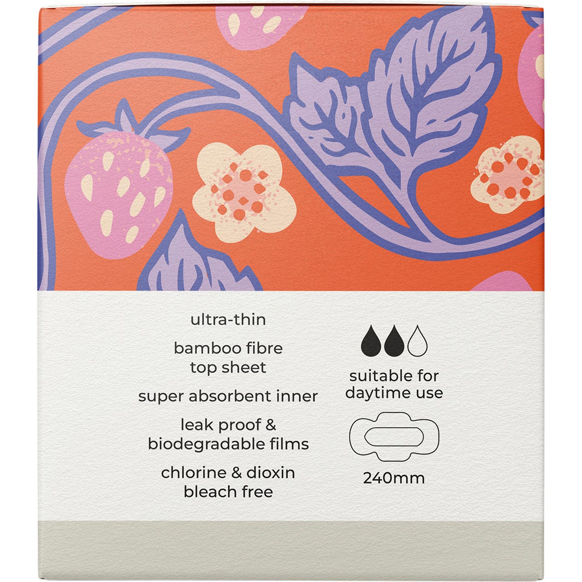 Right side of a Tsuno Natural Bamboo Pads 30-pack box showing product certifications and eco-friendly features.