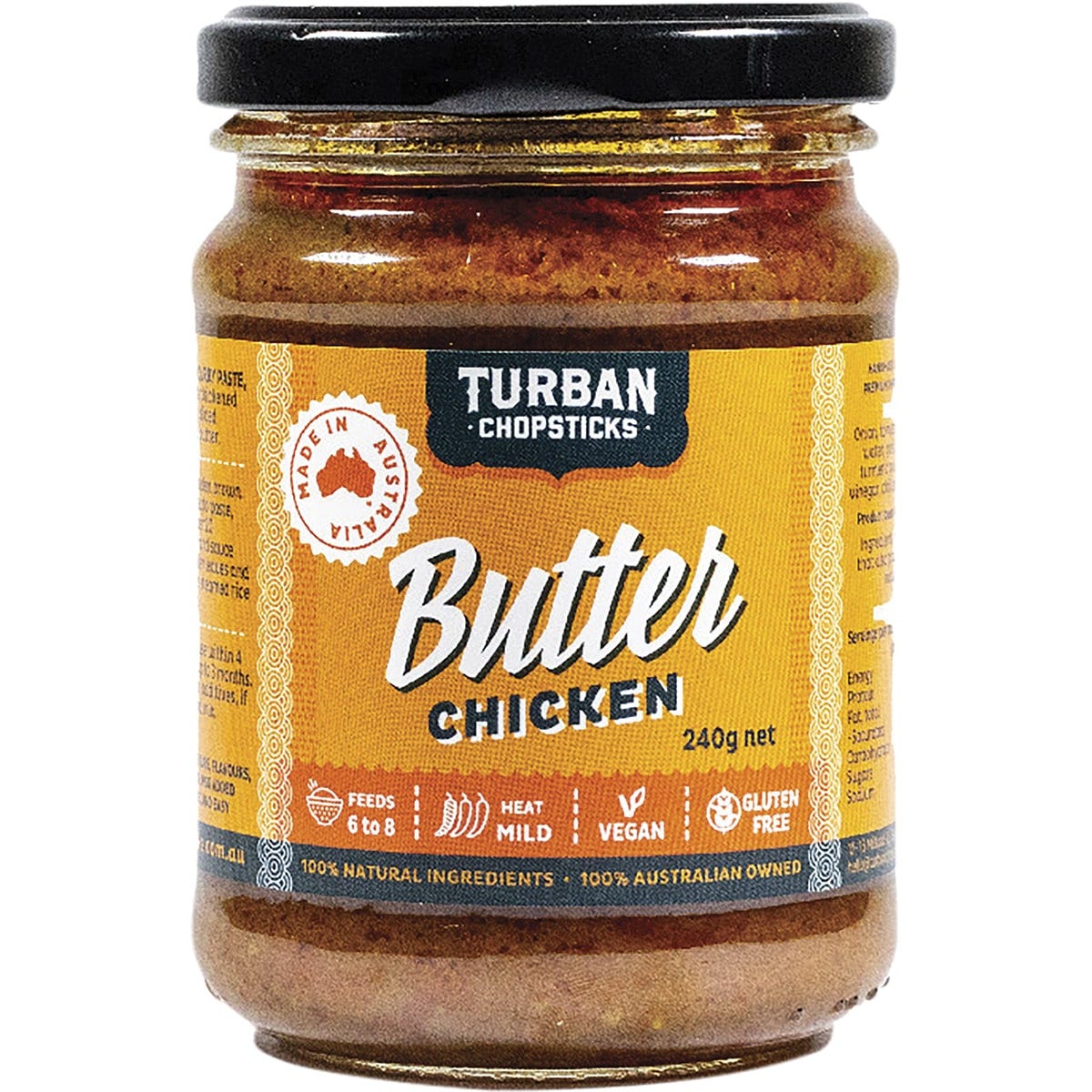 240g jar of Turban Chopsticks Butter Chicken Curry Paste featuring a colorful label with illustrations of fresh tomatoes.