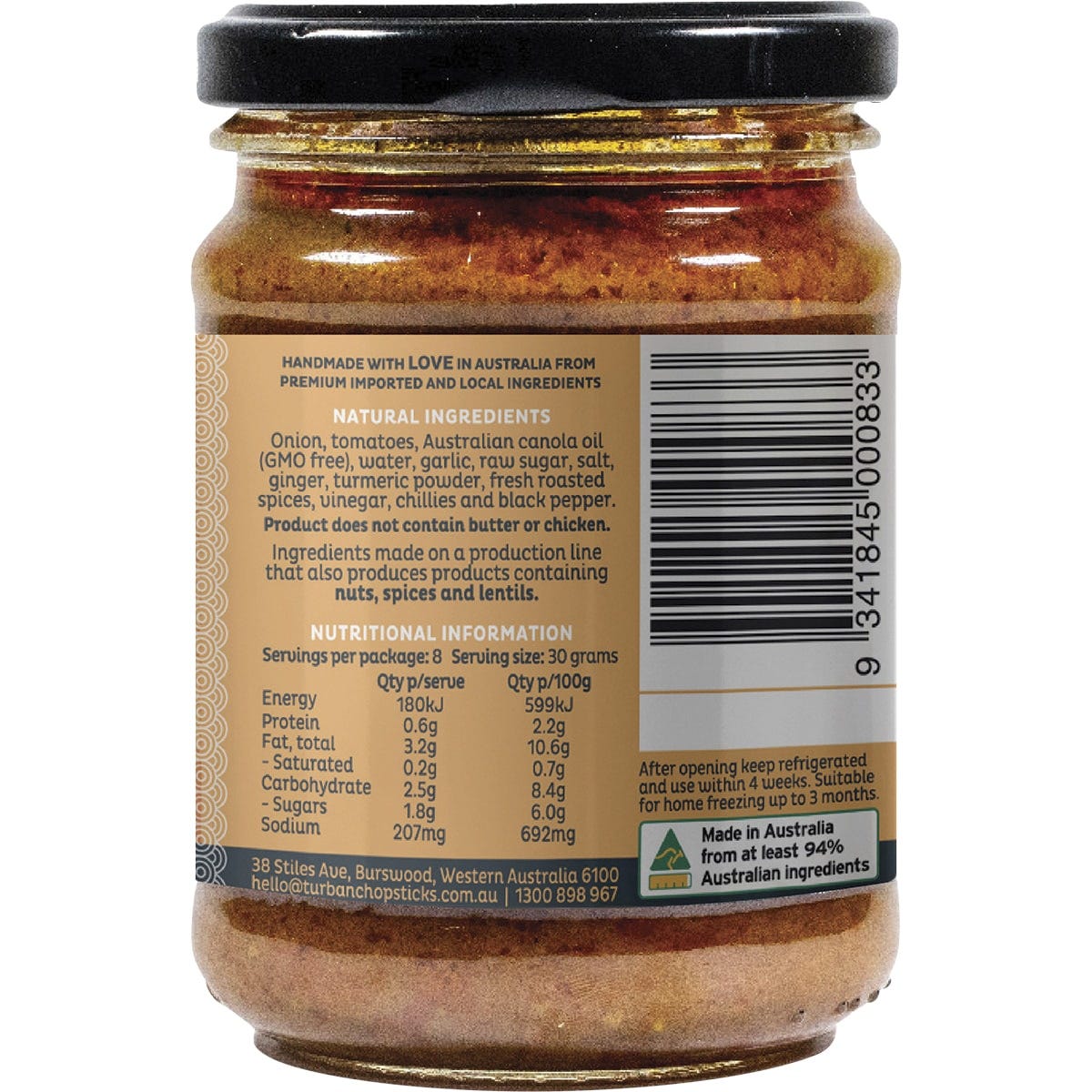 Right side of a 240g Turban Chopsticks Butter Chicken Curry Paste jar showing ingredients and nutritional information.