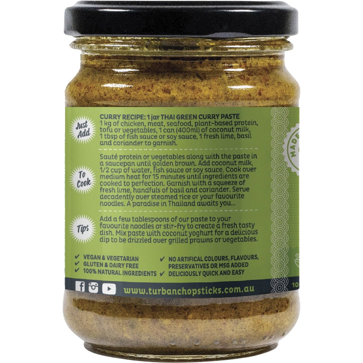 Side view of a Turban Chopsticks Thai Green Curry Paste jar showing ingredients and Australian made logo.
