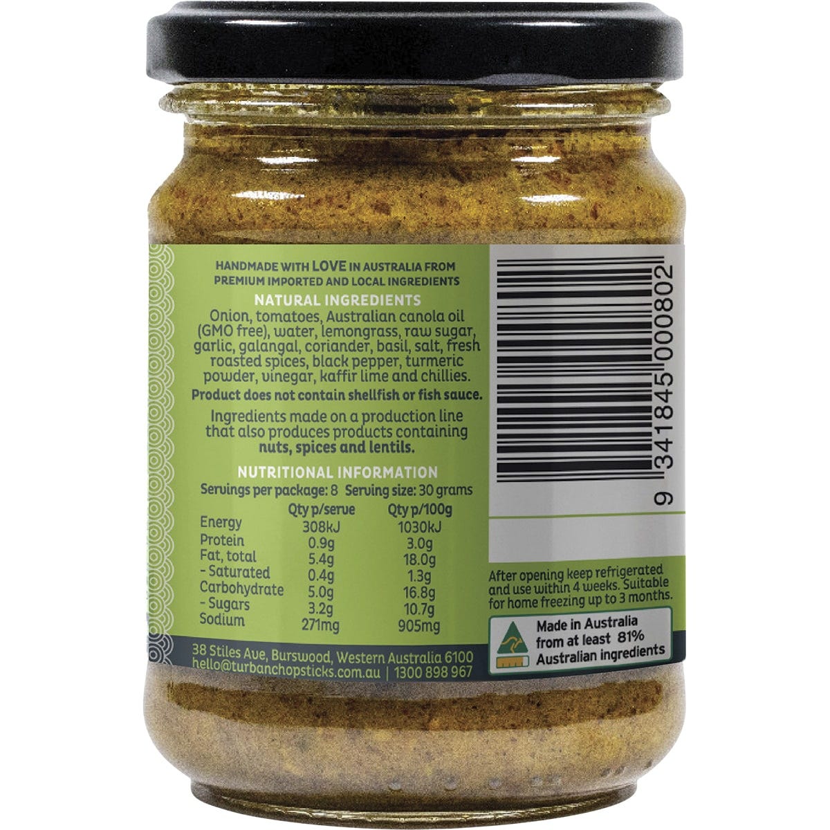 Right side of Turban Chopsticks Thai Green Curry Paste jar showing nutritional facts and preparation instructions.