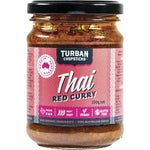 Turban Chopsticks Thai Red Curry Paste 230g jar featuring an aromatic blend of herbs and spices on a white background.