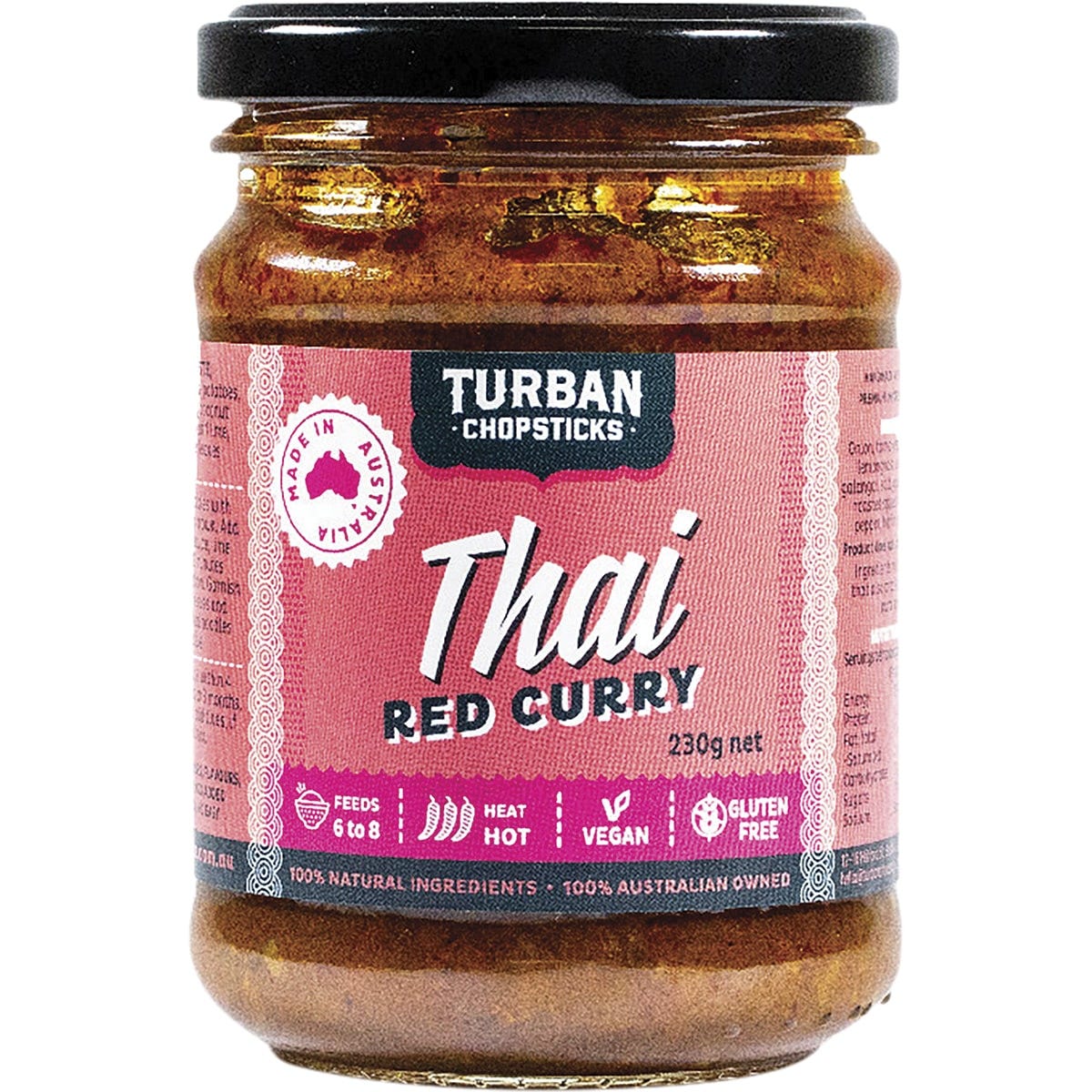 Turban Chopsticks Thai Red Curry Paste 230g jar featuring an aromatic blend of herbs and spices on a white background.