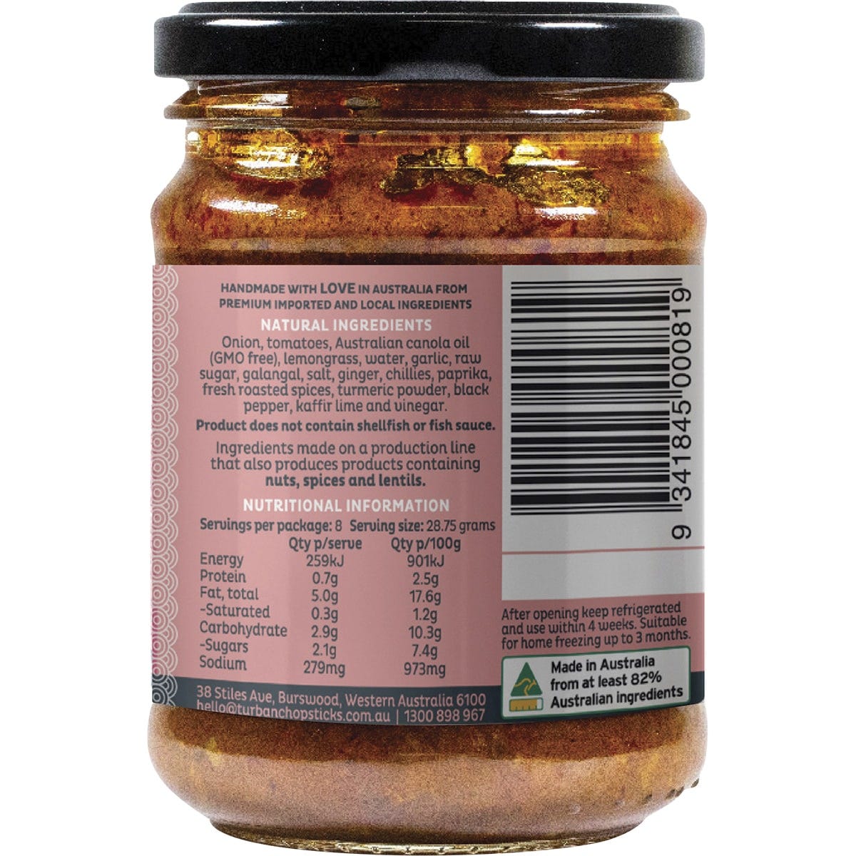 Side view of a Turban Chopsticks Thai Red Curry Paste jar showing product features and a gluten-free logo.