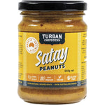 Turban Chopsticks Satay Peanuts 240g jar with a blue and orange label featuring traditional patterns.