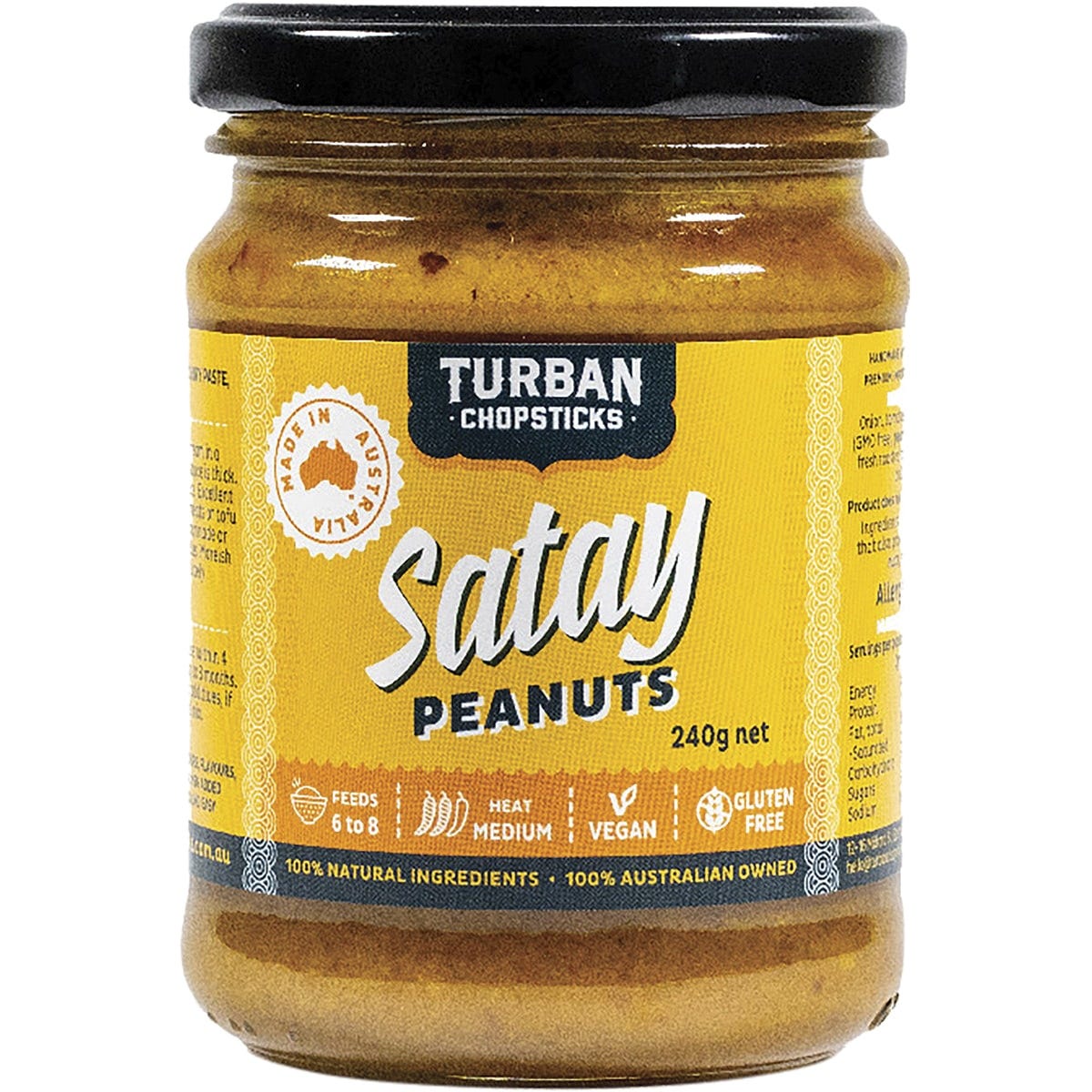 Turban Chopsticks Satay Peanuts 240g jar with a blue and orange label featuring traditional patterns.