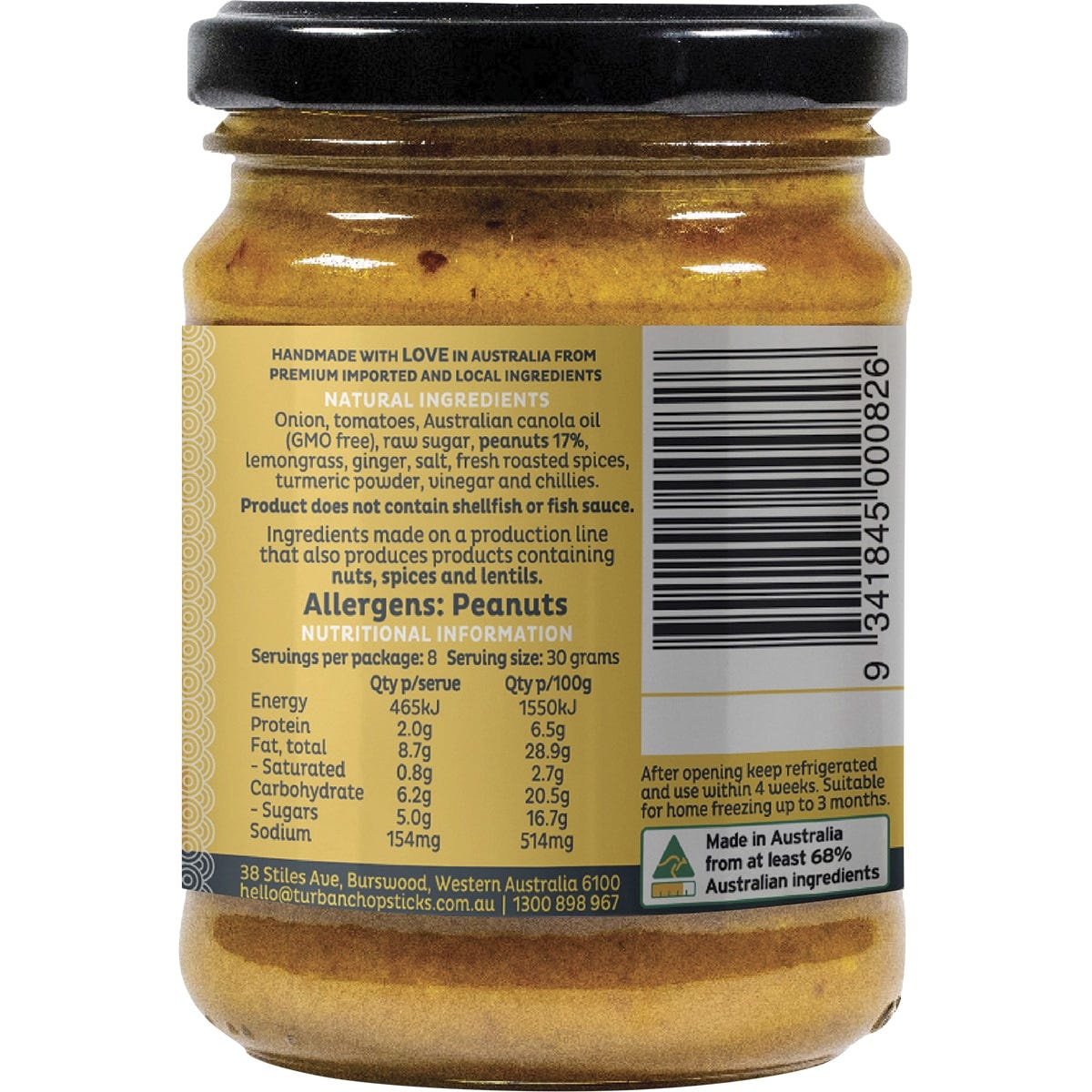 Right side of Turban Chopsticks Satay Peanuts 240g jar showing nutritional facts and a barcode on a white background.