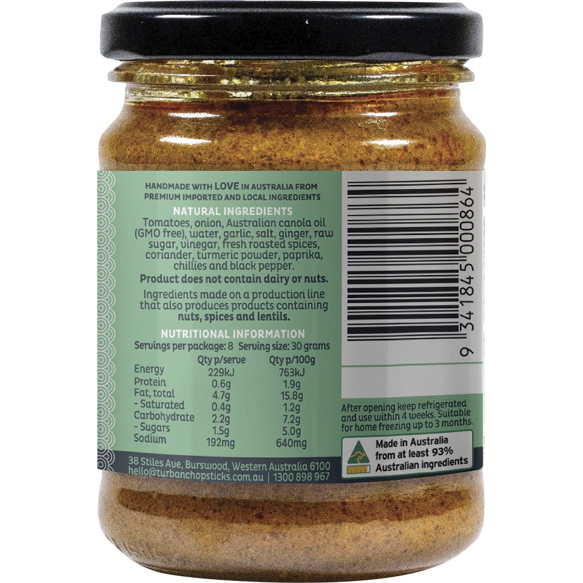 Right side of a Turban Chopsticks Korma Curry Paste 240g jar showing nutrition facts and ingredients.