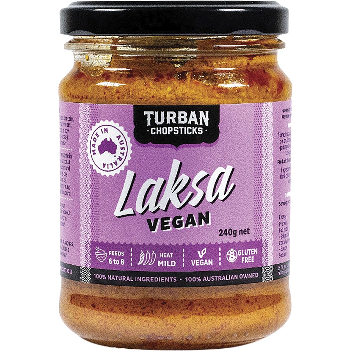 A 240g jar of Turban Chopsticks Vegan Laksa Curry Paste featuring an aromatic, plant-based Malaysian style blend.