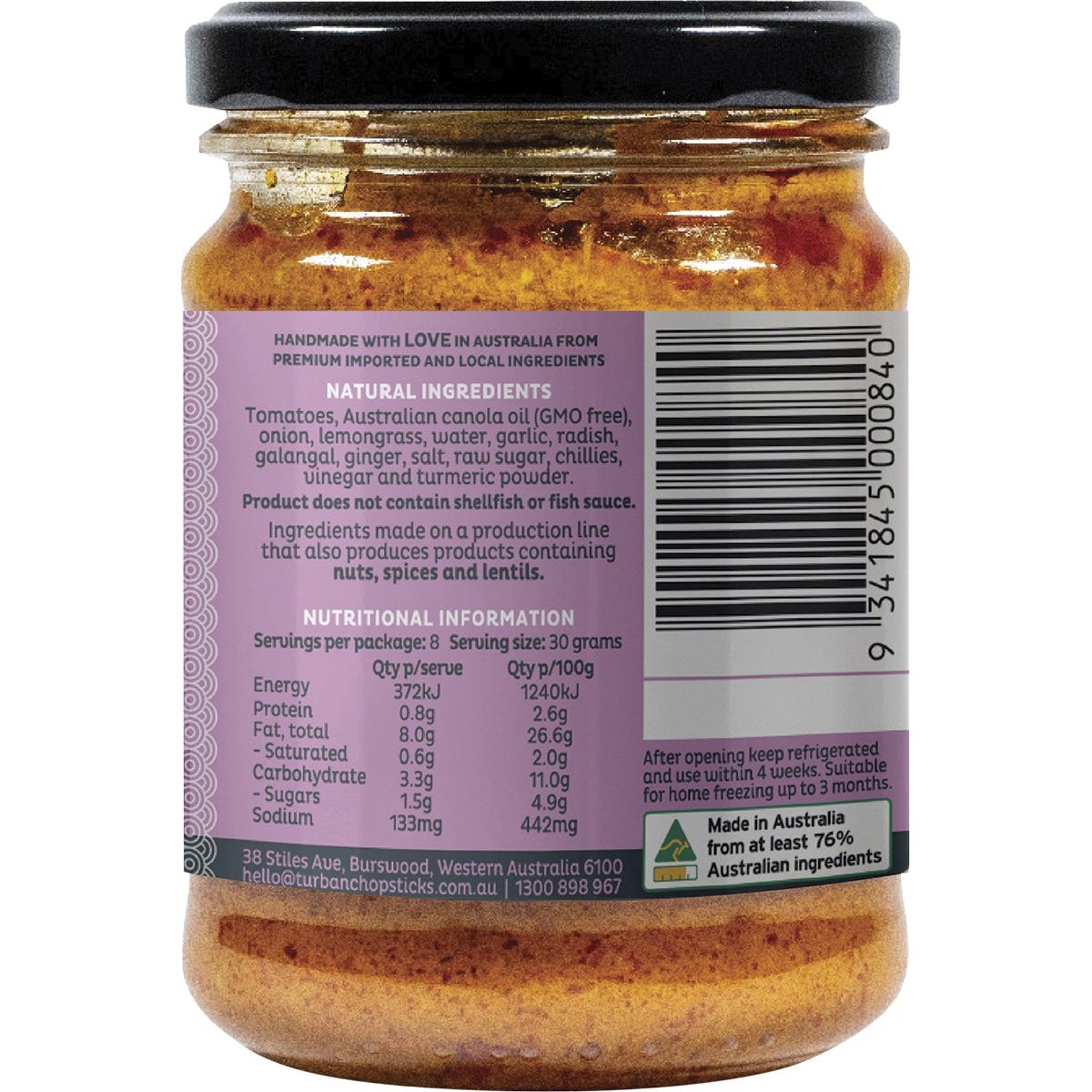 Right side of a 240g jar of Turban Chopsticks Vegan Laksa Curry Paste showing nutritional info and directions.