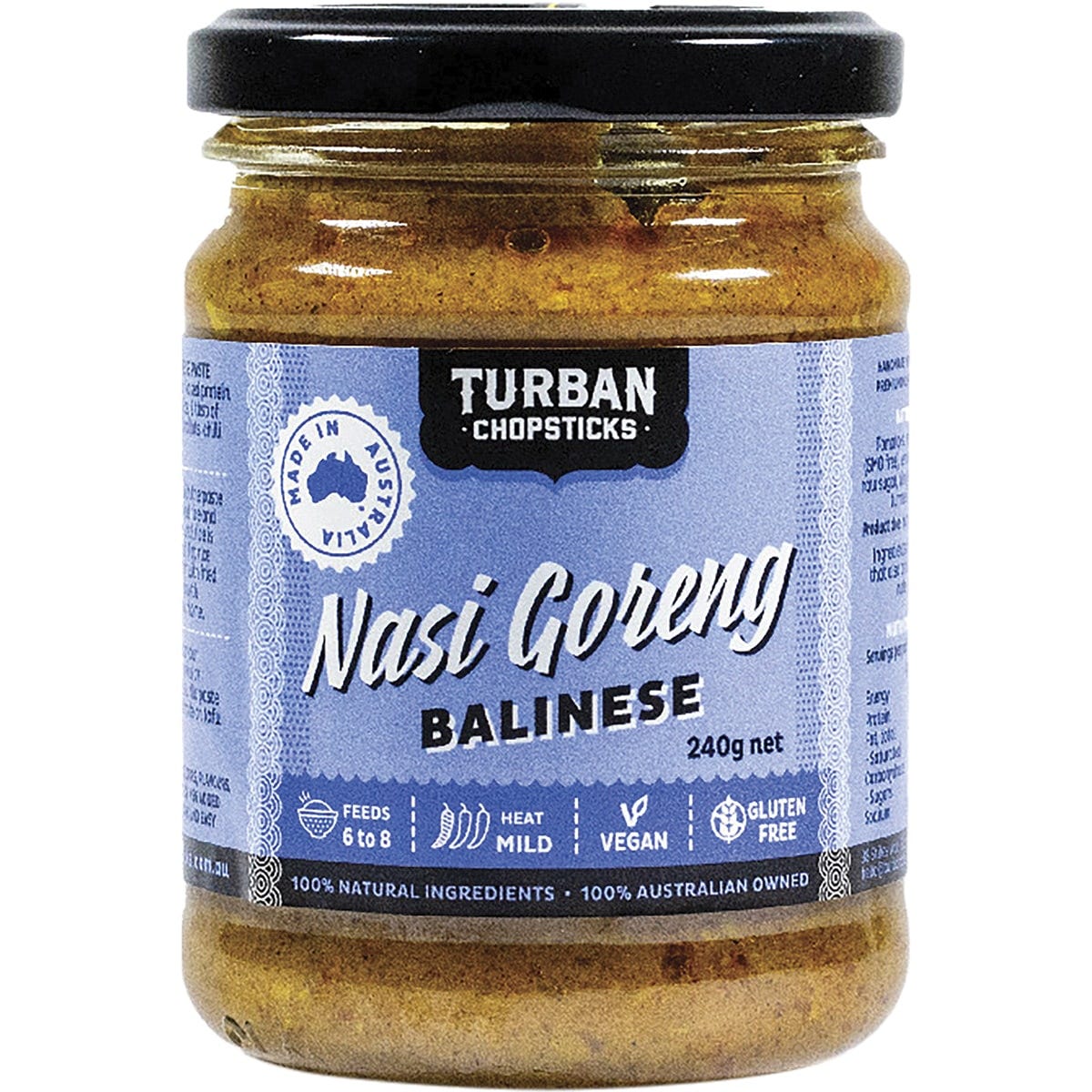 Turban Chopsticks Nasi Goreng Balinese 240g jar with a colorful label on a white background.