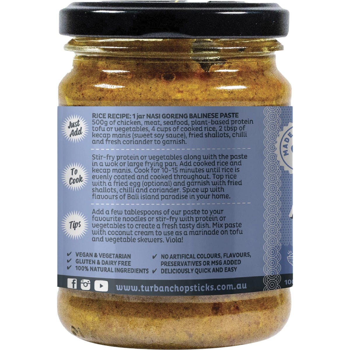 Side view of Turban Chopsticks Nasi Goreng Balinese 240g jar with a colorful label on a white background.
