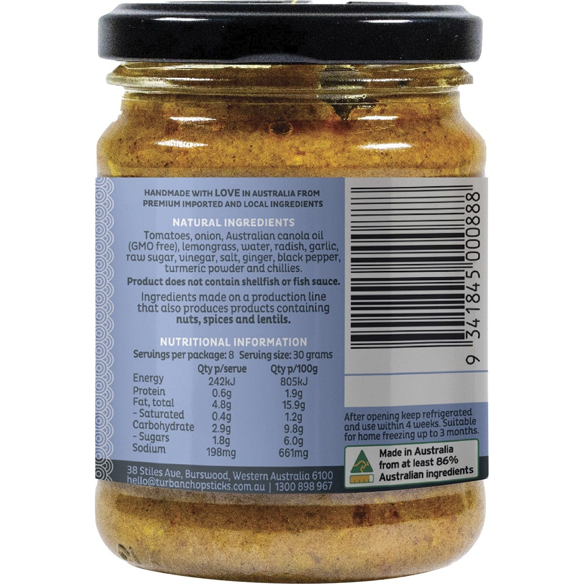 Side view of Turban Chopsticks Nasi Goreng Balinese 240g jar showing nutritional facts and ingredients.