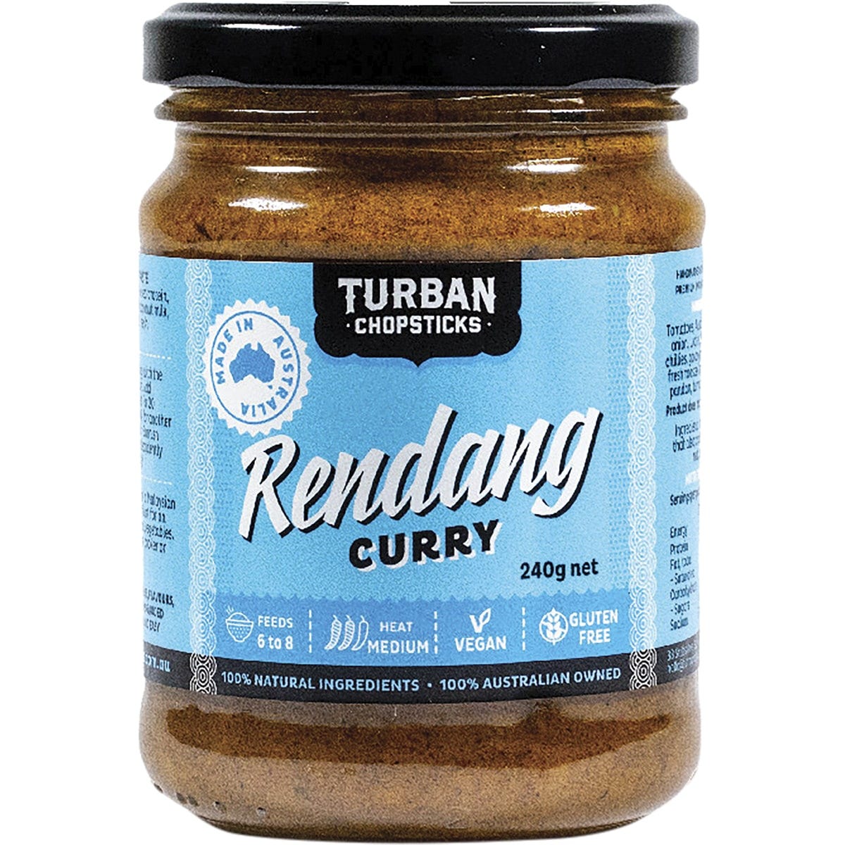 240g jar of Turban Chopsticks Rendang Curry Paste featuring an orange label with aromatic spice illustrations.