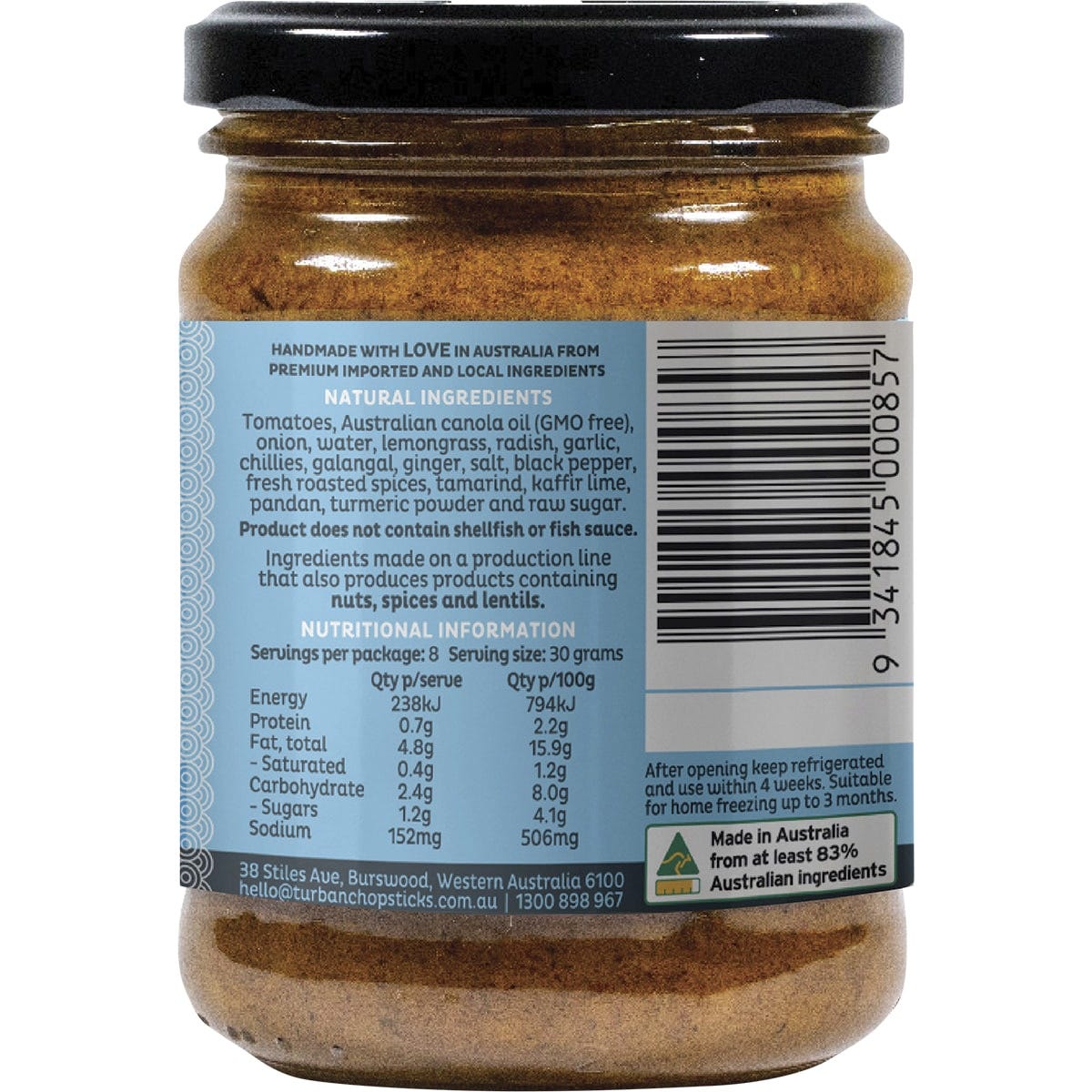 Side view of Turban Chopsticks Rendang Curry Paste 240g jar showing nutritional facts and natural ingredients.