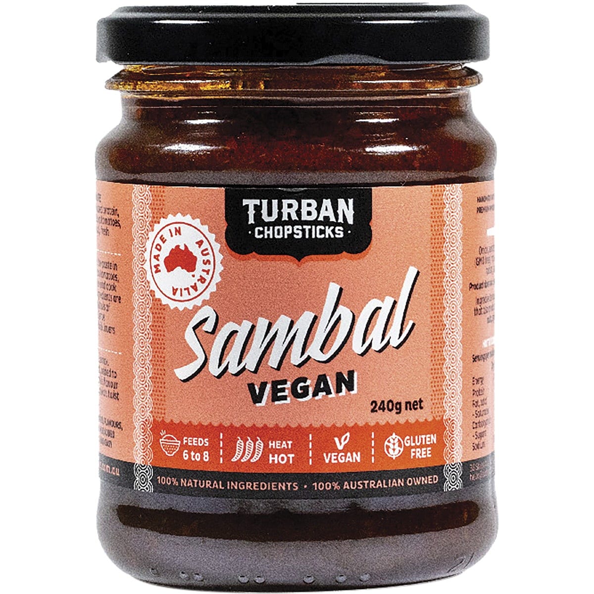 240g jar of Turban Chopsticks Sambal Vegan Curry Paste with fresh chilies, tamarind, and radish.