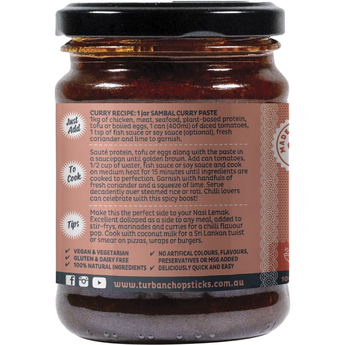 Left side of Turban Chopsticks Sambal Vegan Curry Paste 240g jar showing ingredients and nutritional info.