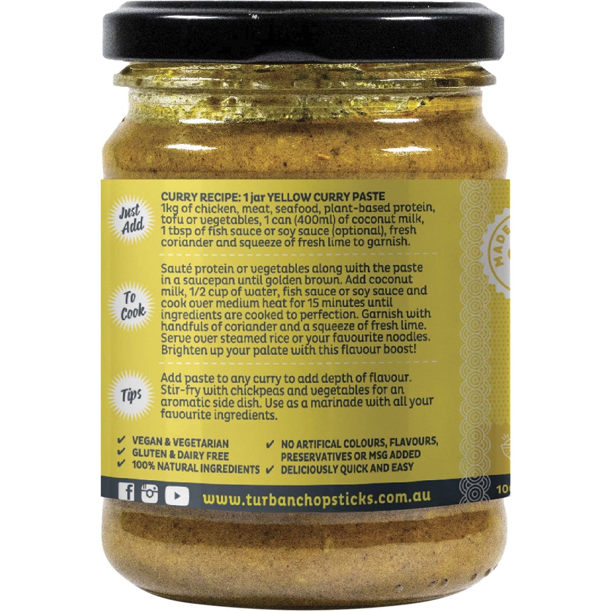 Side view of a 240g Turban Chopsticks Yellow Curry Paste jar showing ingredients and nutritional information.