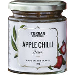 180g jar of Turban Chopsticks Apple Chilli jam with a yellow label and illustrated red chilies and green apples.