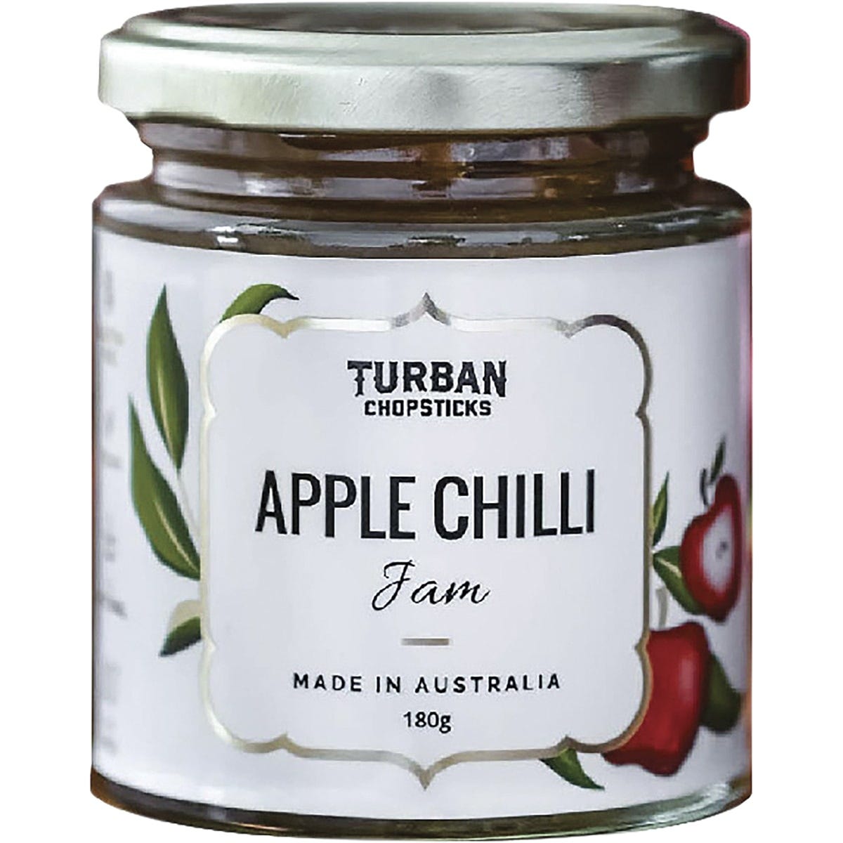 180g jar of Turban Chopsticks Apple Chilli jam with a yellow label and illustrated red chilies and green apples.