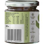 Side view of a 180g jar of Turban Chopsticks Apple Chilli jam with a yellow label and illustrated ingredients.