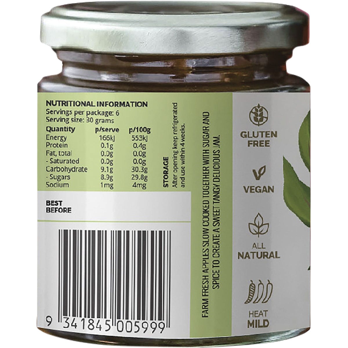 Side view of a 180g jar of Turban Chopsticks Apple Chilli jam with a yellow label and illustrated ingredients.