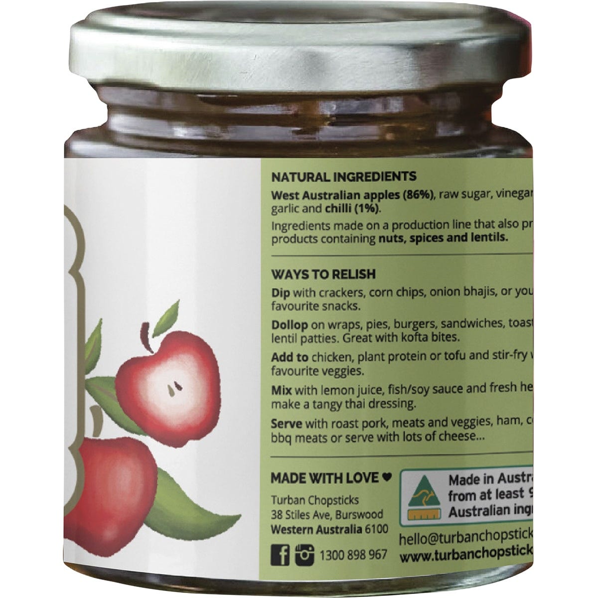 Right side of Turban Chopsticks Apple Chilli jam 180g jar showing nutrition facts and dietary labels.