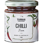 190g jar of Turban Chopsticks Jam Chilli featuring a red label with white text and botanical illustrations.