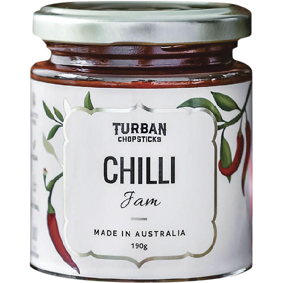 190g jar of Turban Chopsticks Jam Chilli featuring a red label with white text and botanical illustrations.