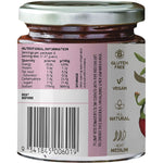 Side view of a 190g jar of Turban Chopsticks Jam Chilli showing the red label with botanical illustrations.