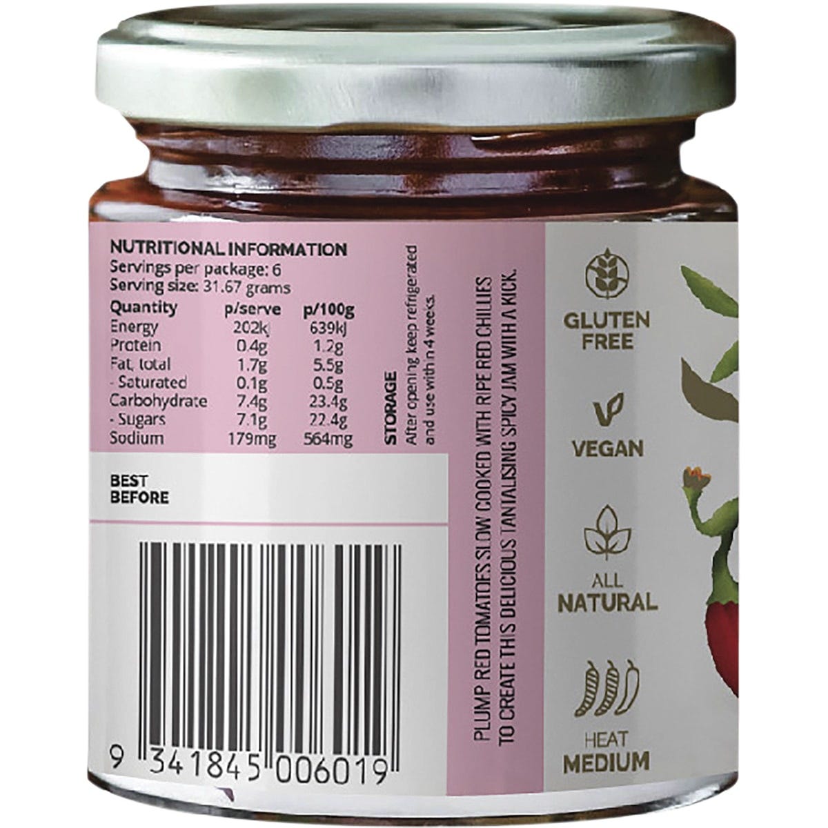 Side view of a 190g jar of Turban Chopsticks Jam Chilli showing the red label with botanical illustrations.