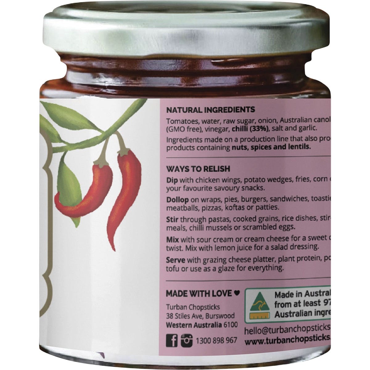 Right side of Turban Chopsticks Jam Chilli 190g jar showing nutritional facts and ingredients on a red label.