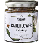 180g jar of Turban Chopsticks Cauliflower Chutney with a colorful botanical label on a white background.